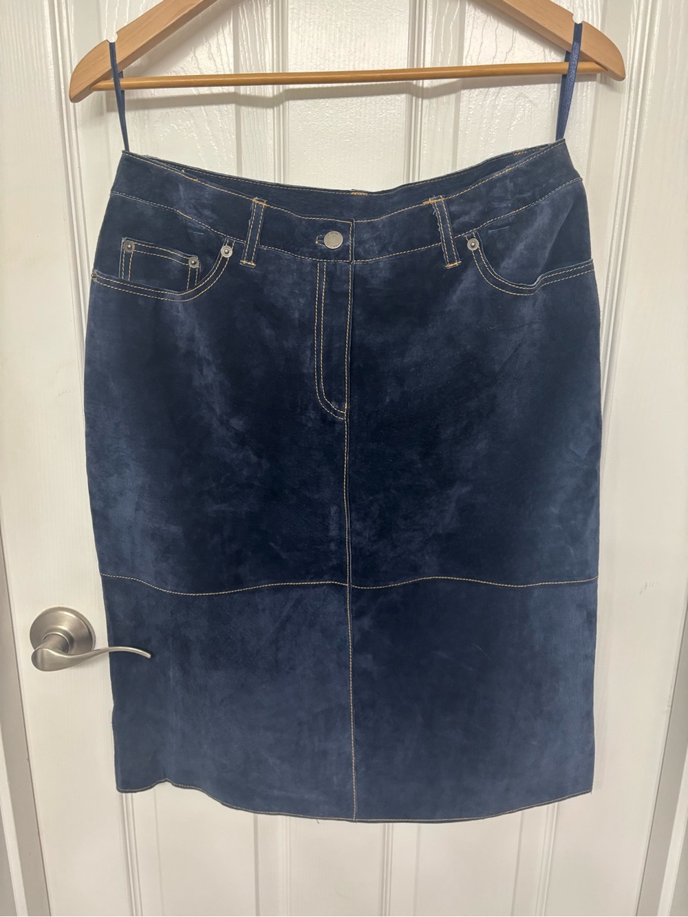 Vintage Y2K Isaac Mizrahi Navy Blue Suede Leather Skirt Size 10